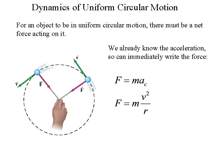 Dynamics of Uniform Circular Motion For an object to be in uniform circular motion,