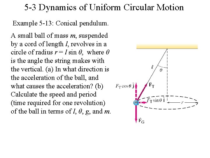 5 -3 Dynamics of Uniform Circular Motion Example 5 -13: Conical pendulum. A small