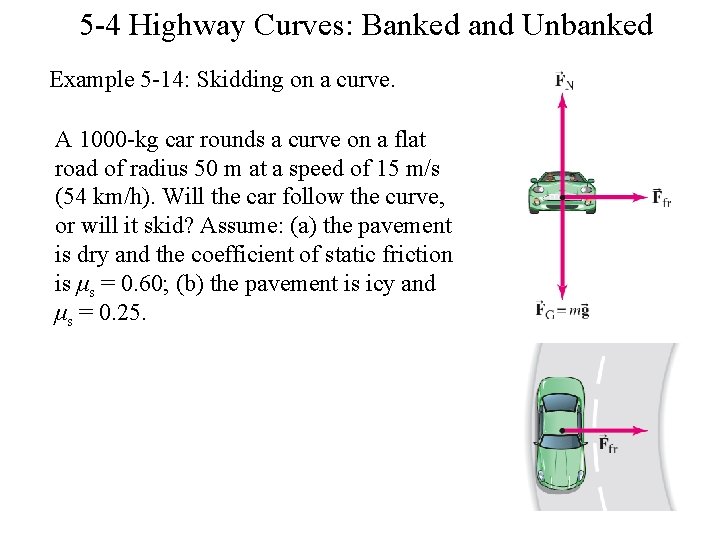 5 -4 Highway Curves: Banked and Unbanked Example 5 -14: Skidding on a curve.