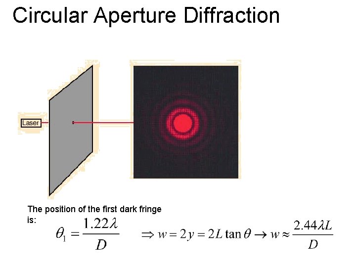 Circular Aperture Diffraction The position of the first dark fringe is: Circular Aperture Diffraction The position of the first dark fringe is: