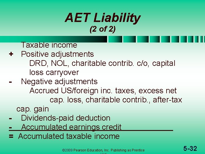 AET Liability (2 of 2) + - = Taxable income Positive adjustments DRD, NOL,