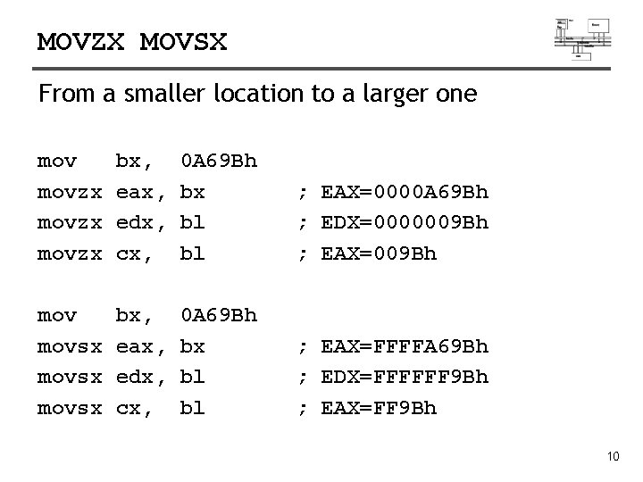 MOVZX MOVSX From a smaller location to a larger one movzx bx, eax, edx,