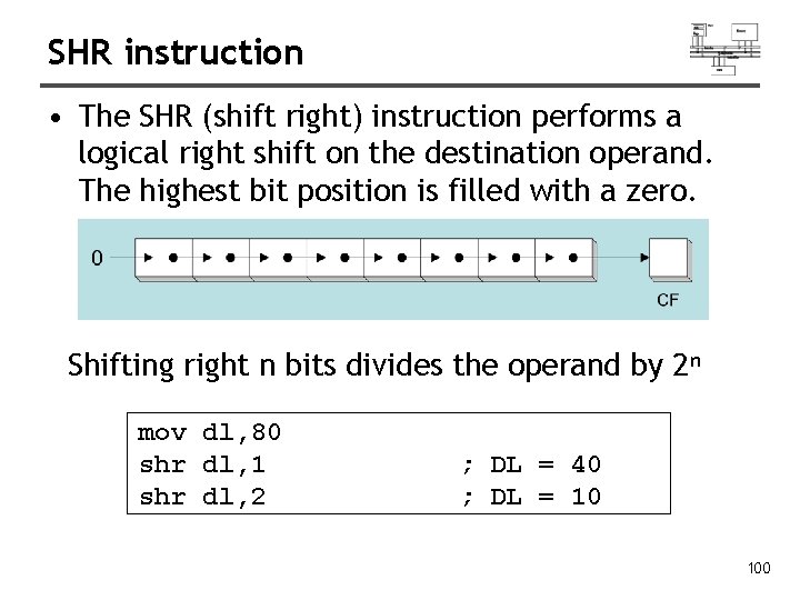 SHR instruction • The SHR (shift right) instruction performs a logical right shift on