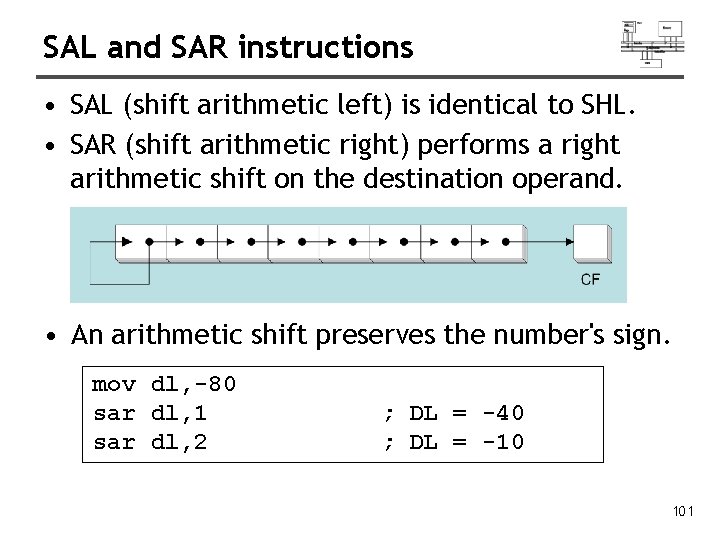 SAL and SAR instructions • SAL (shift arithmetic left) is identical to SHL. •