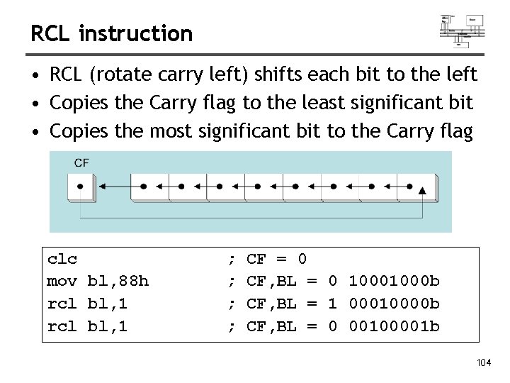 RCL instruction • RCL (rotate carry left) shifts each bit to the left •