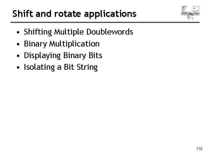 Shift and rotate applications • • Shifting Multiple Doublewords Binary Multiplication Displaying Binary Bits