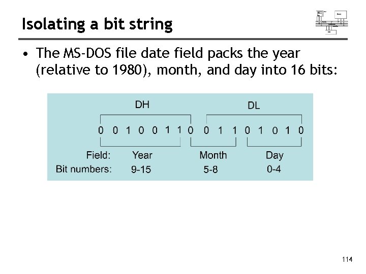 Isolating a bit string • The MS-DOS file date field packs the year (relative