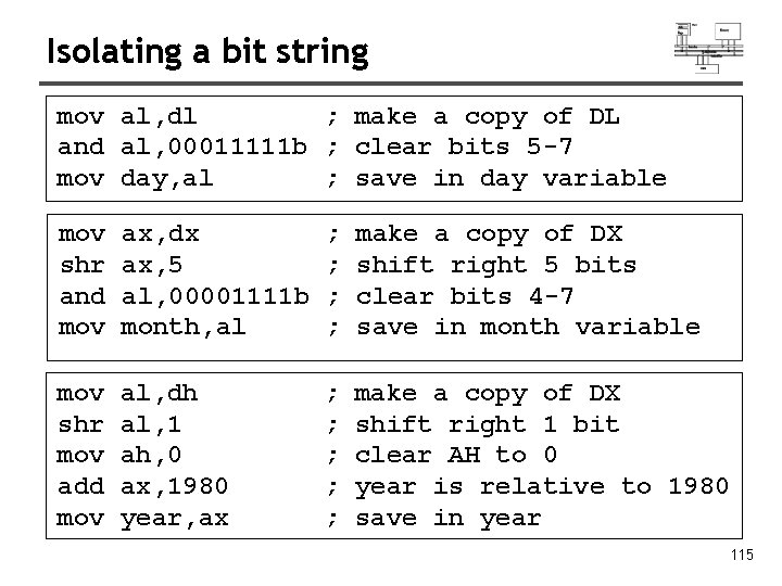 Isolating a bit string mov al, dl ; make a copy of DL and