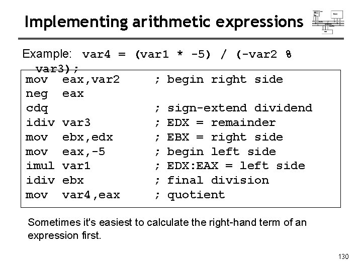Implementing arithmetic expressions Example: var 4 = (var 1 * -5) / (-var 2