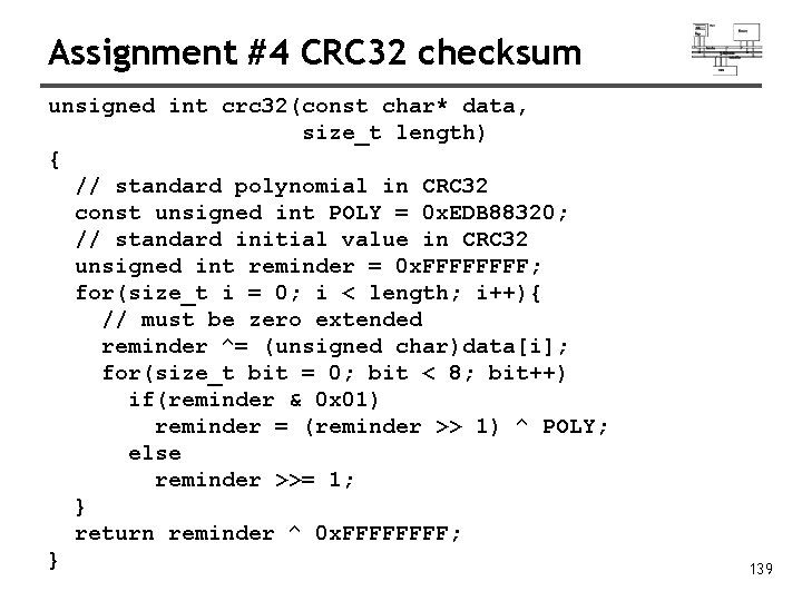 Assignment #4 CRC 32 checksum unsigned int crc 32(const char* data, size_t length) {