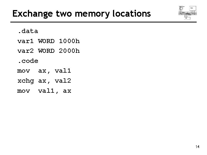 Exchange two memory locations. data var 1 WORD 1000 h var 2 WORD 2000