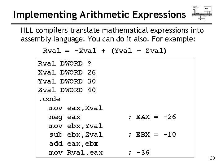Implementing Arithmetic Expressions HLL compilers translate mathematical expressions into assembly language. You can do