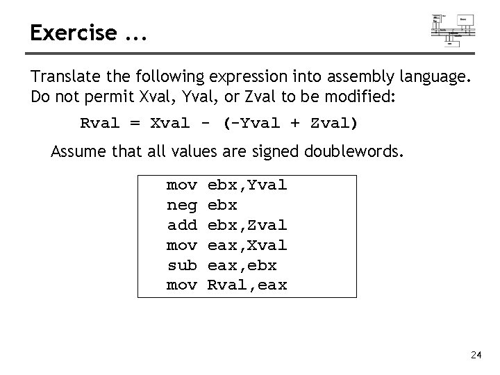 Exercise. . . Translate the following expression into assembly language. Do not permit Xval,