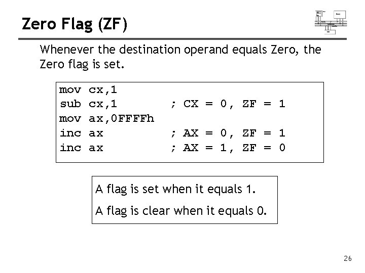 Zero Flag (ZF) Whenever the destination operand equals Zero, the Zero flag is set.