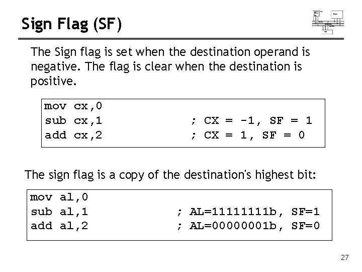 Sign Flag (SF) The Sign flag is set when the destination operand is negative.
