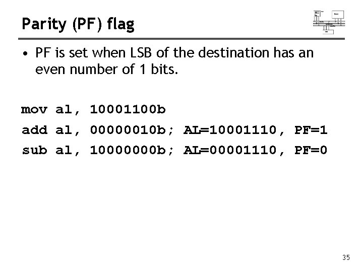 Parity (PF) flag • PF is set when LSB of the destination has an