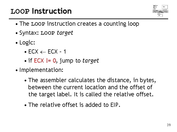 LOOP Instruction • The LOOP instruction creates a counting loop • Syntax: LOOP target