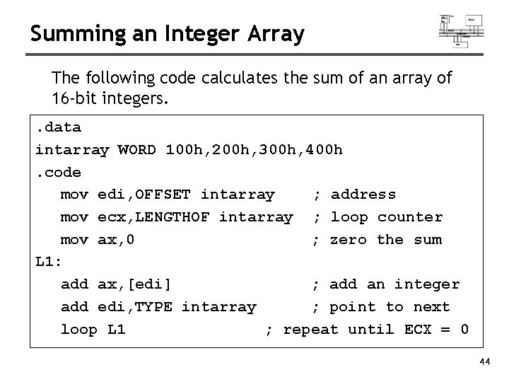 Summing an Integer Array The following code calculates the sum of an array of
