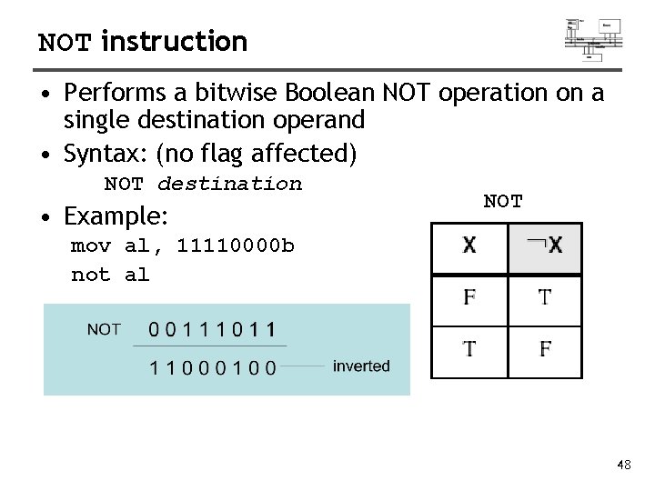 NOT instruction • Performs a bitwise Boolean NOT operation on a single destination operand