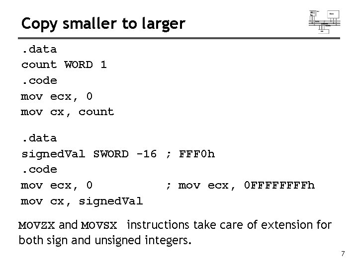 Copy smaller to larger. data count WORD 1. code mov ecx, 0 mov cx,