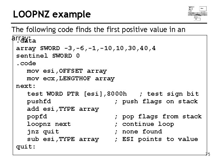 LOOPNZ example The following code finds the first positive value in an array: .