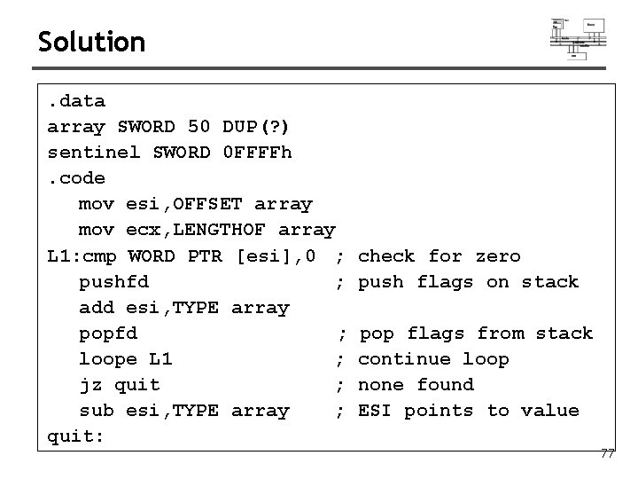 Solution. data array SWORD 50 DUP(? ) sentinel SWORD 0 FFFFh. code mov esi,