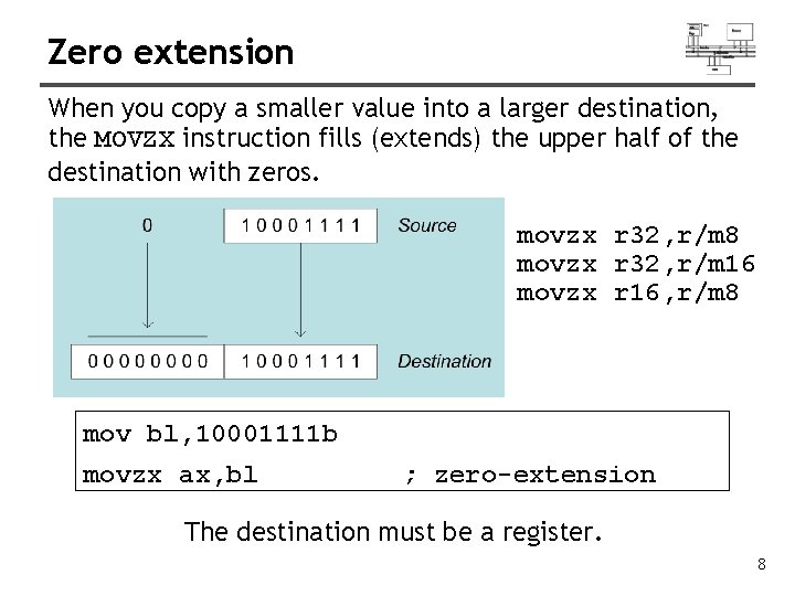Zero extension When you copy a smaller value into a larger destination, the MOVZX
