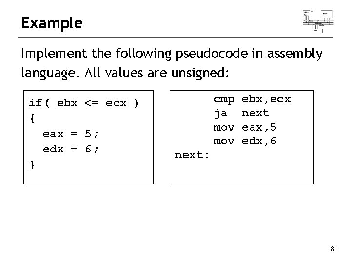Example Implement the following pseudocode in assembly language. All values are unsigned: if( ebx