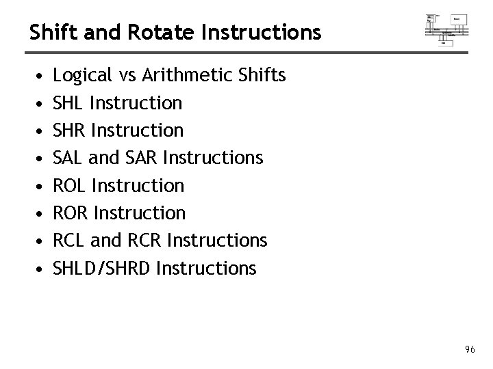 Shift and Rotate Instructions • • Logical vs Arithmetic Shifts SHL Instruction SHR Instruction