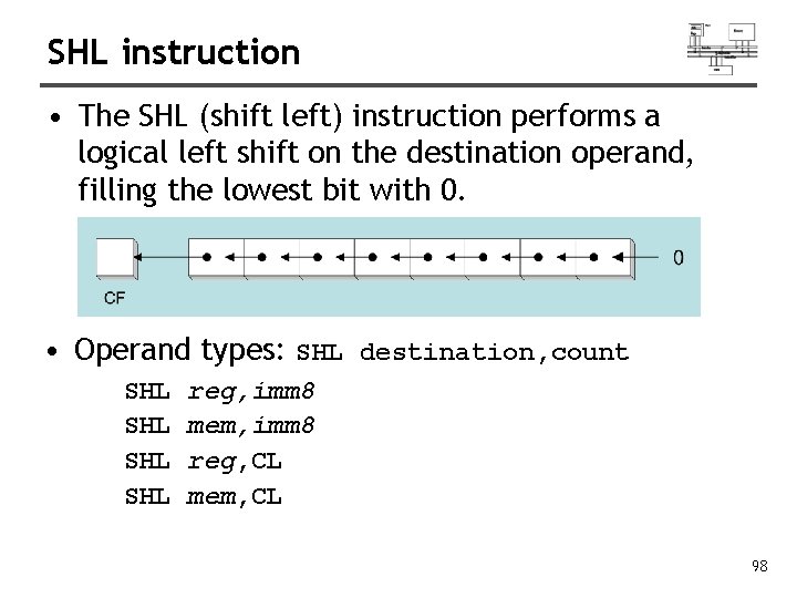 SHL instruction • The SHL (shift left) instruction performs a logical left shift on