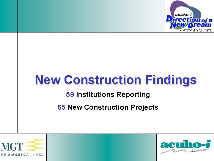 New Construction Findings 59 Institutions Reporting 65 New Construction Projects 11 