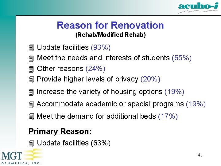 Reason for Renovation (Rehab/Modified Rehab) Update facilities (93%) Meet the needs and interests of