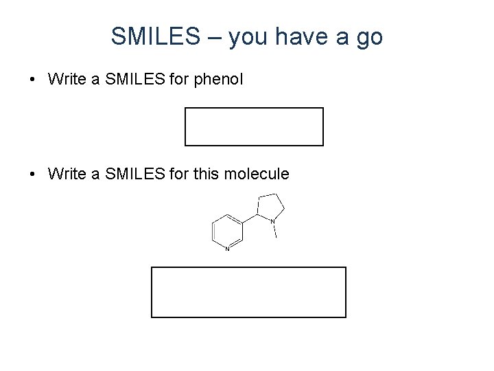 SMILES – you have a go • Write a SMILES for phenol Oc 1 SMILES – you have a go • Write a SMILES for phenol Oc 1