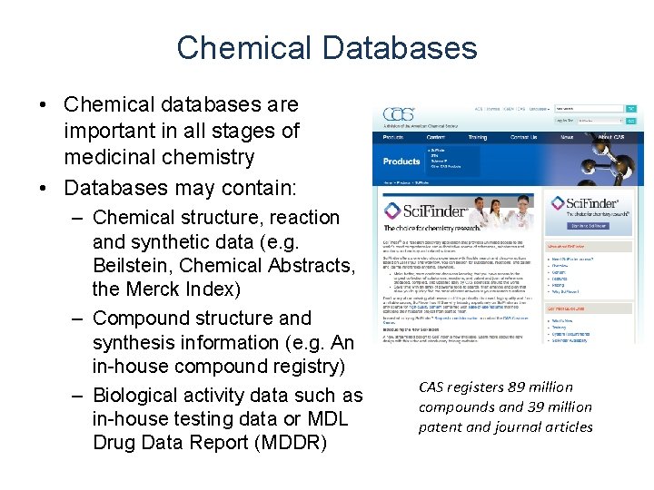 Chemical Databases • Chemical databases are important in all stages of medicinal chemistry • Chemical Databases • Chemical databases are important in all stages of medicinal chemistry •