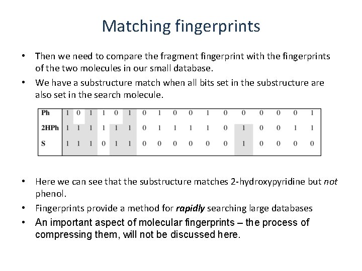 Matching fingerprints • Then we need to compare the fragment fingerprint with the fingerprints Matching fingerprints • Then we need to compare the fragment fingerprint with the fingerprints
