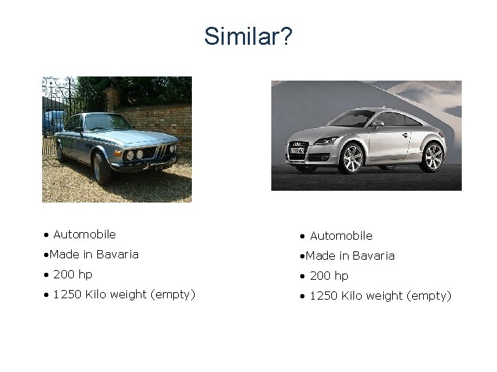 Similar? • Automobile • Made in Bavaria • 200 hp • 1250 Kilo weight Similar? • Automobile • Made in Bavaria • 200 hp • 1250 Kilo weight