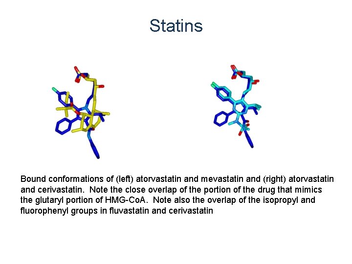 Statins Bound conformations of (left) atorvastatin and mevastatin and (right) atorvastatin and cerivastatin. Note Statins Bound conformations of (left) atorvastatin and mevastatin and (right) atorvastatin and cerivastatin. Note