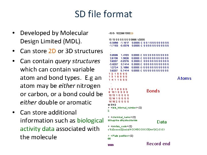 SD file format • Developed by Molecular Design Limited (MDL). • Can store 2 SD file format • Developed by Molecular Design Limited (MDL). • Can store 2