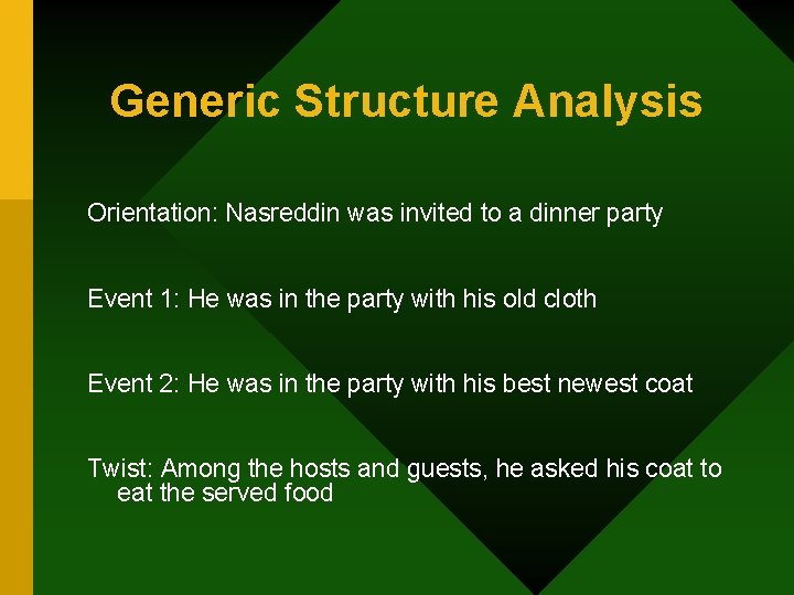 Generic Structure Analysis Orientation: Nasreddin was invited to a dinner party Event 1: He