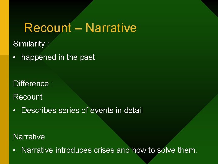 Recount – Narrative Similarity : • happened in the past Difference : Recount •