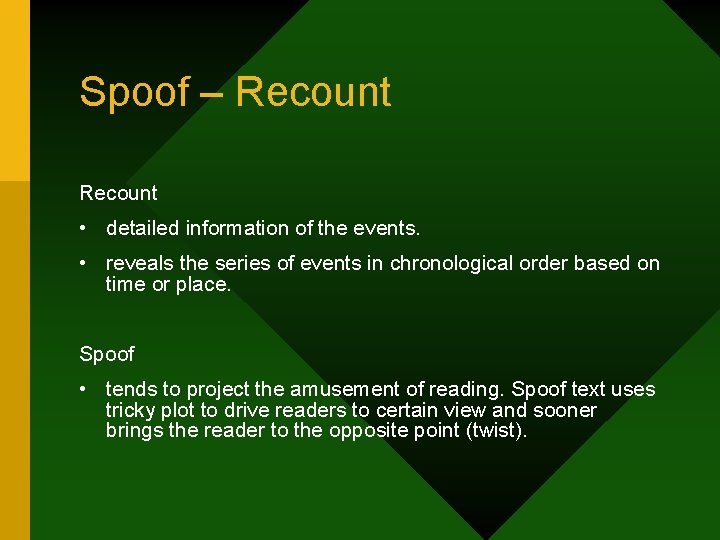 Spoof – Recount • detailed information of the events. • reveals the series of