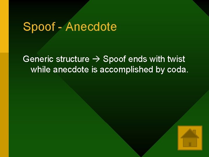 Spoof - Anecdote Generic structure Spoof ends with twist while anecdote is accomplished by