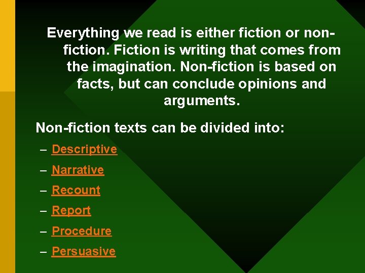  Everything we read is either fiction or nonfiction. Fiction is writing that comes