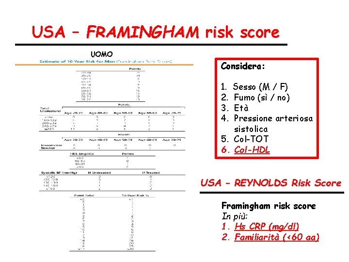 USA – FRAMINGHAM risk score UOMO Considera: 1. 2. 3. 4. Sesso (M /