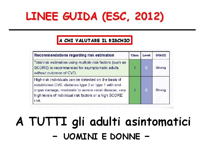 LINEE GUIDA (ESC, 2012) A CHI VALUTARE IL RISCHIO A TUTTI gli adulti asintomatici