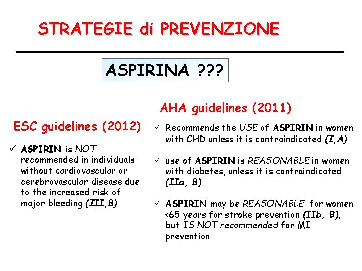 STRATEGIE di PREVENZIONE ASPIRINA ? ? ? AHA guidelines (2011) ESC guidelines (2012) ü