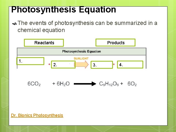 Photosynthesis Equation The events of photosynthesis can be summarized in a chemical equation Products