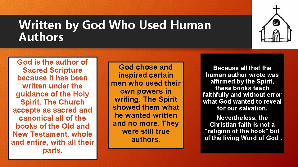 Written by God Who Used Human Authors God is the author of Sacred Scripture Written by God Who Used Human Authors God is the author of Sacred Scripture