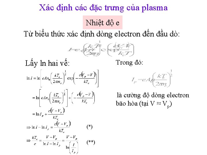 Xác định các đặc trưng của plasma Nhiệt độ e Từ biểu thức xác