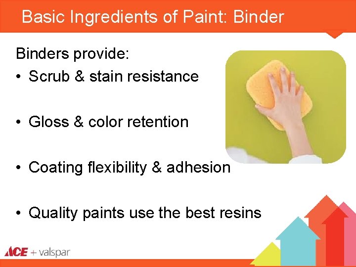 Basic Ingredients of Paint: Binders provide: • Scrub & stain resistance • Gloss &